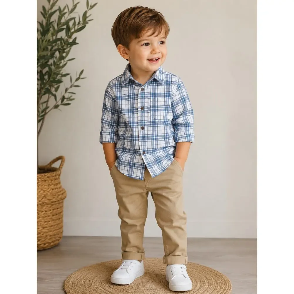 NWT Cat & Jack Boys 3T Blue White Plaid Button Front Shirt Long Sleeve Cotton